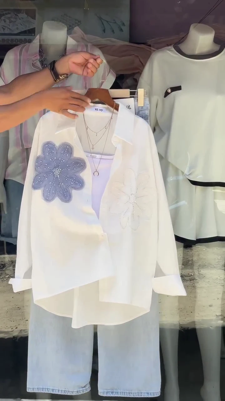 Chic Peach Button-Down Shirt with Beaded Embroidery