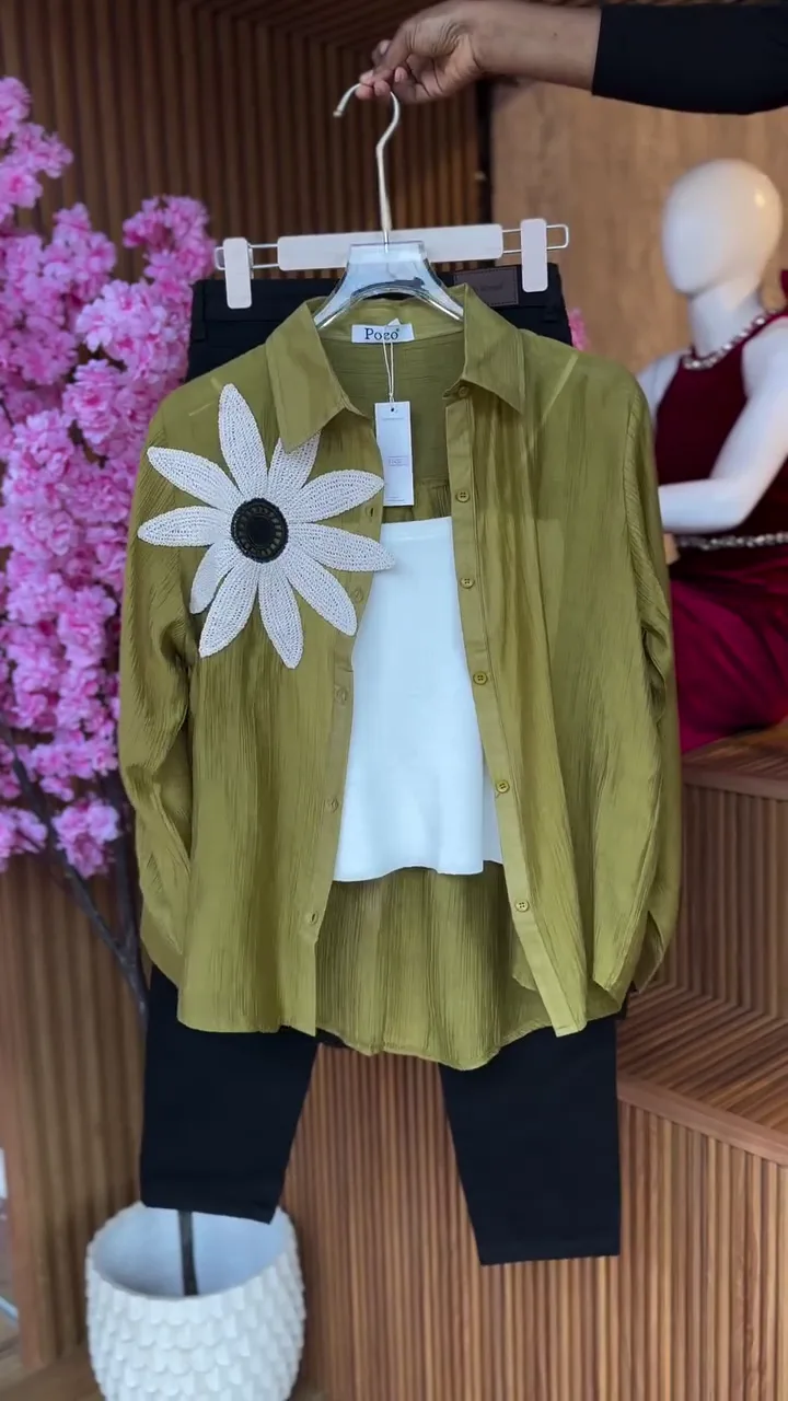 Olive Green Button-Down Shirt with Floral Patch