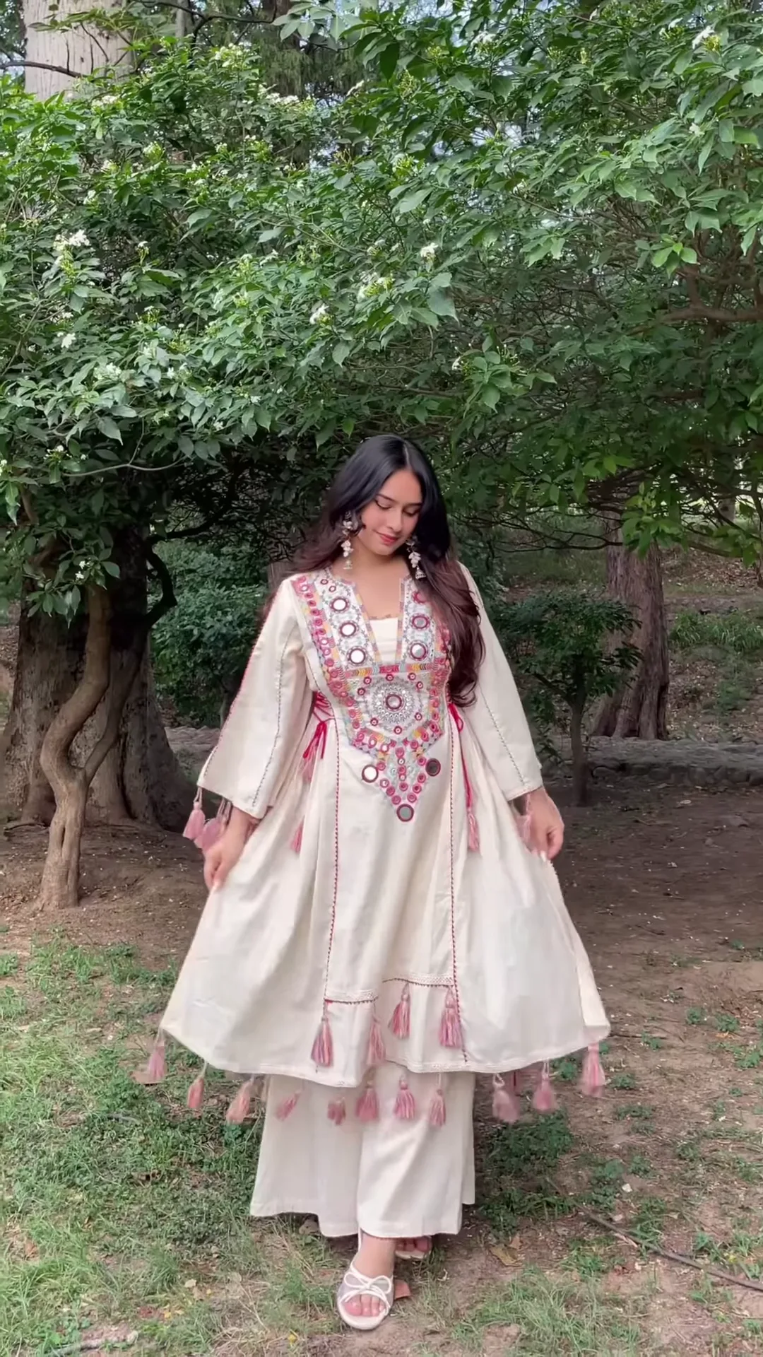 Cream-Colored Embroidered Traditional Dress