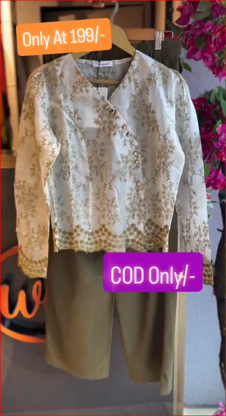 Elegant Cream Embroidered Top with Olive Straight Pants Co-Ord Set – Stylish Casual Outfit