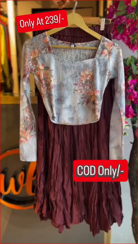 Trendy Floral Crop Top with Maroon Crinkle Skirt Co-Ord Set – Stylish Party Outfit