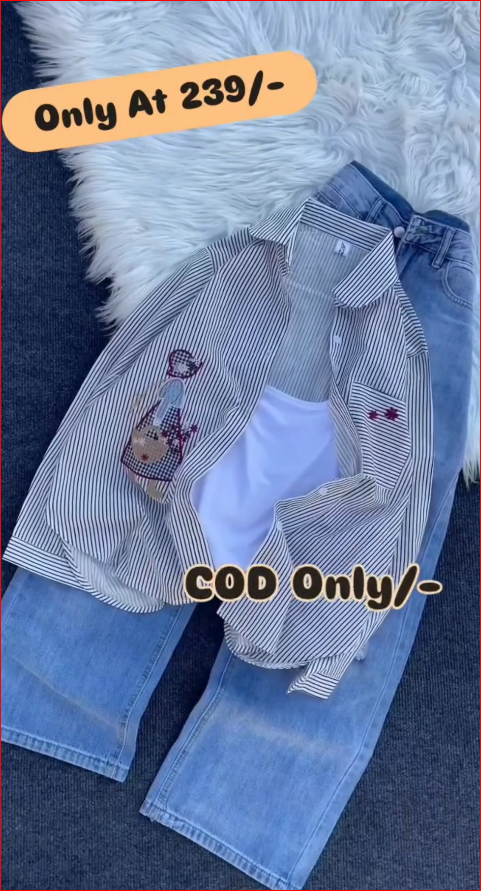 Stylish Girls 3-Piece Casual Outfit Set – Striped Shirt, Top & Denim Jeans