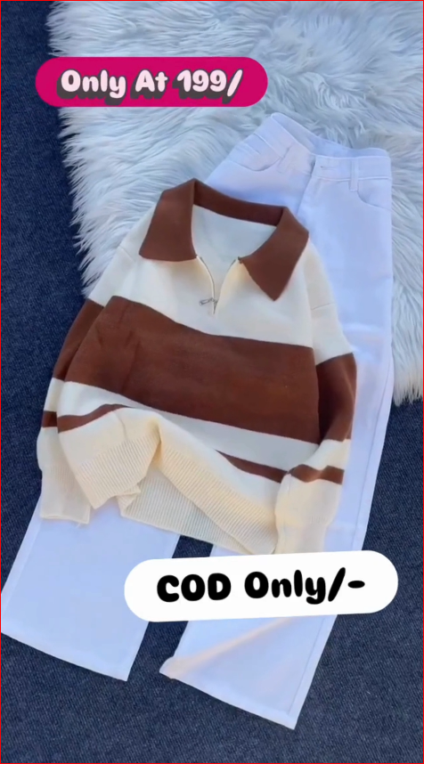 Striped Collar Knit Sweater for Girls | Stylish Half-Zip Casual Pullover |