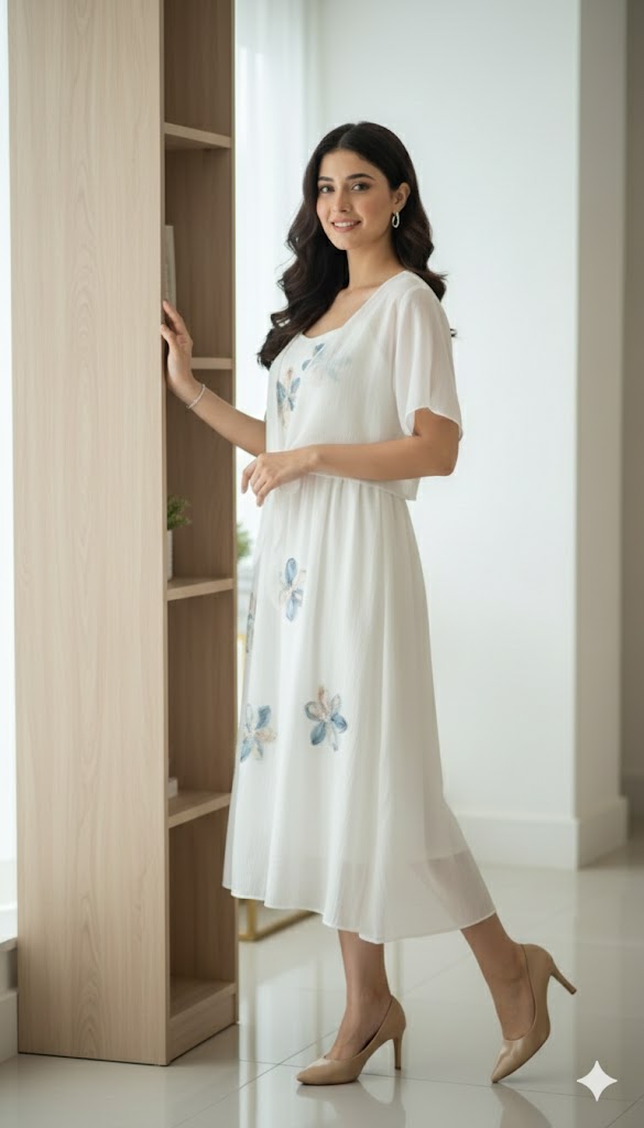 Women’s Elegant White Floral Midi Dress