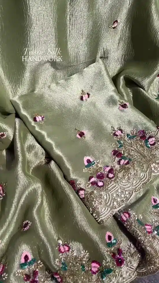 Premium Olive Green Tussar Silk Saree with Handwork Floral Embroidery