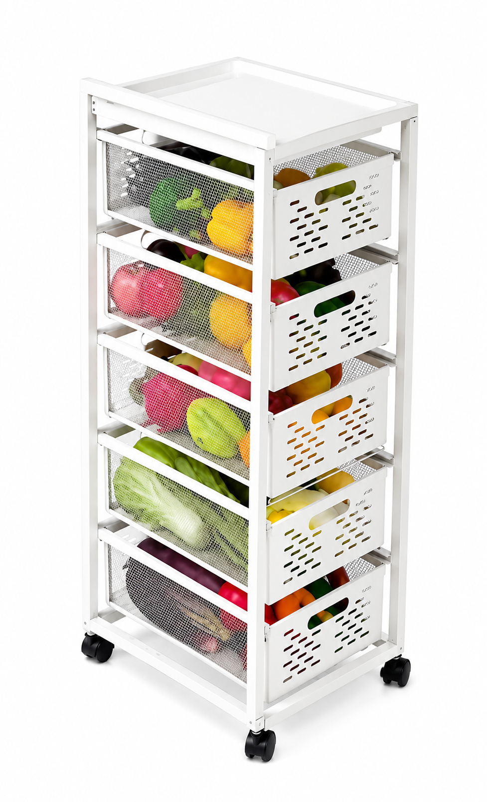 5 Layer Kitchen Vegetable & Fruit Storage Rack with Wheels | Multipurpose Rolling Basket Organizer
