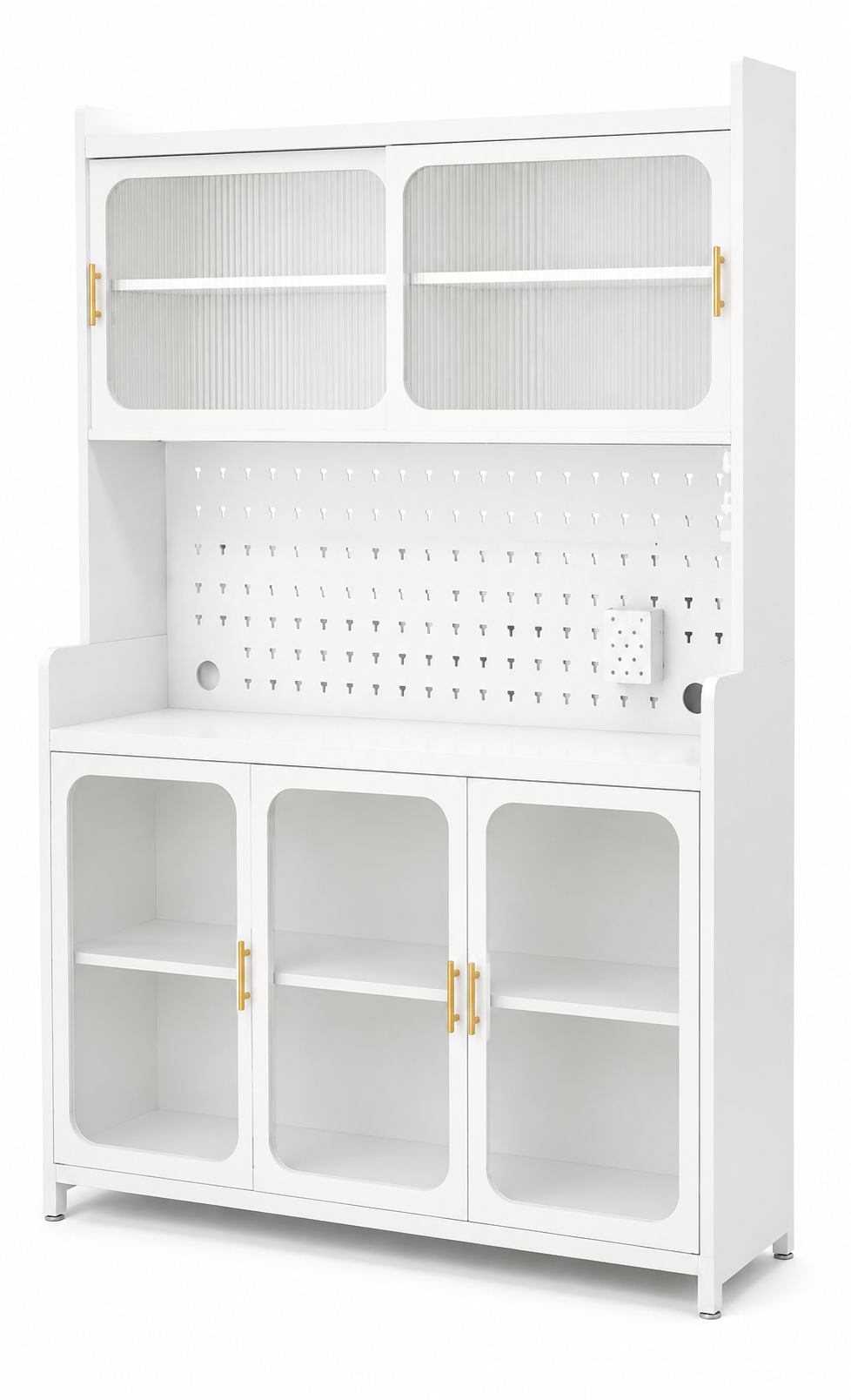 Modern Multipurpose Kitchen Storage Cabinet with Pegboard & Glass Doors | Large Organizer Cupboard