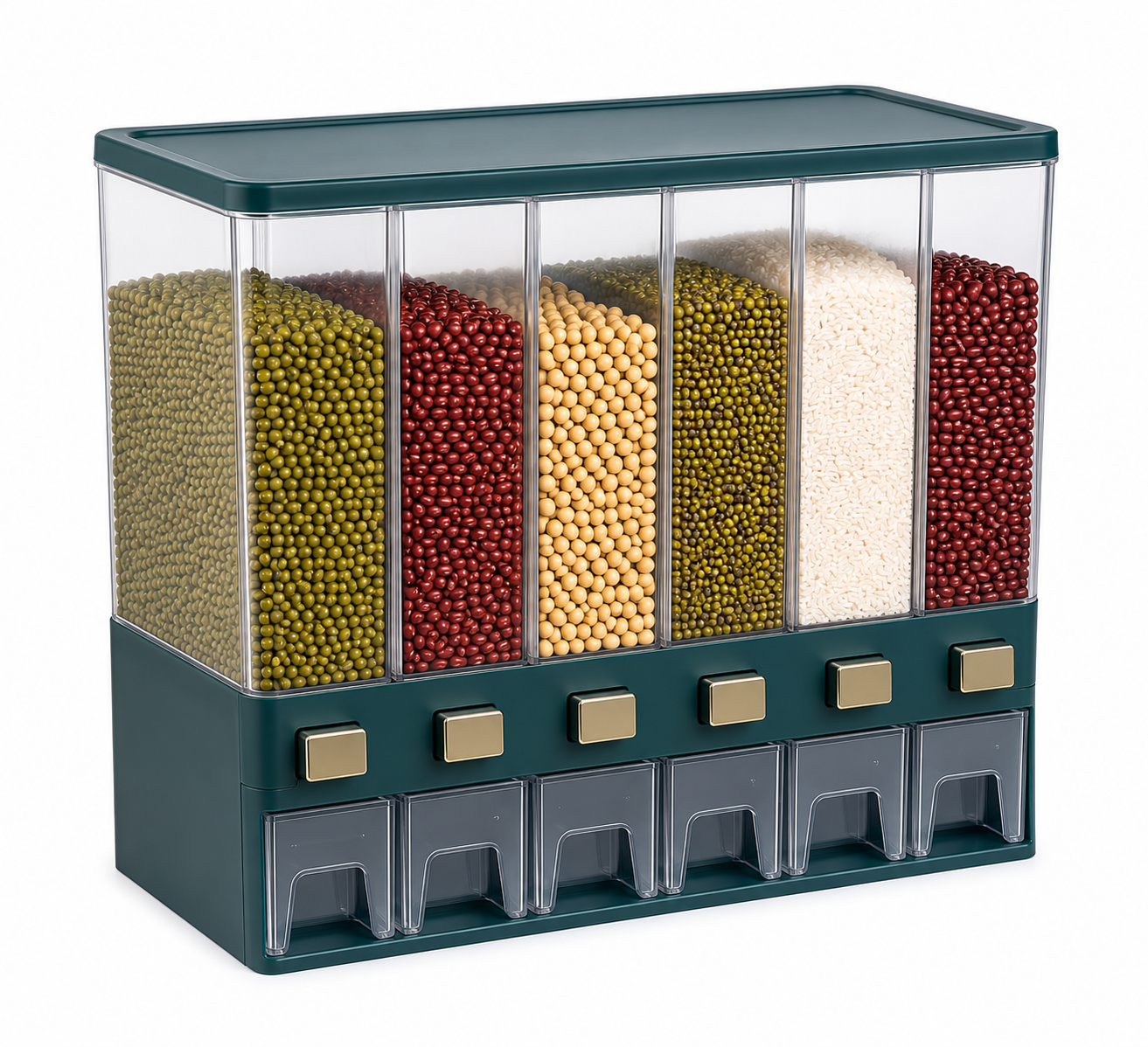 6 Grid Airtight Grain Dispenser Container | Multipurpose Rice & Pulses Storage Box