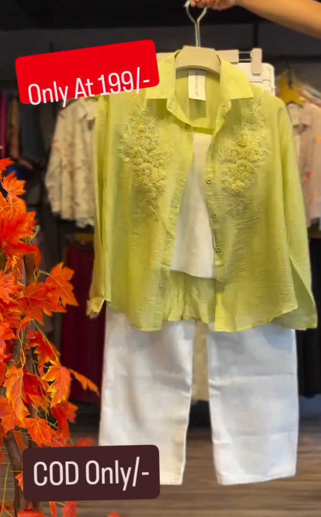 Elegant White Straight Pants with Embroidered Green Shirt Co-Ord Set