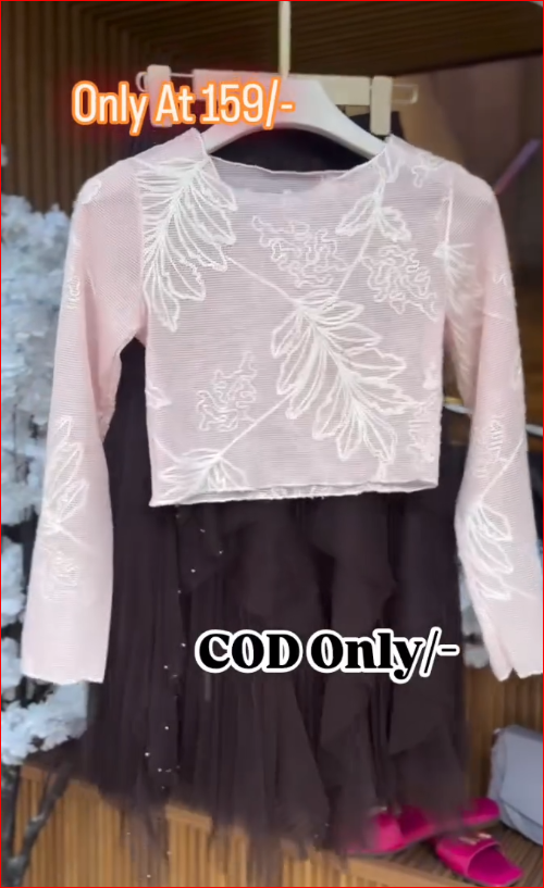 Elegant Sheer Embroidered Crop Top with Black Layered Net Skirt Set
