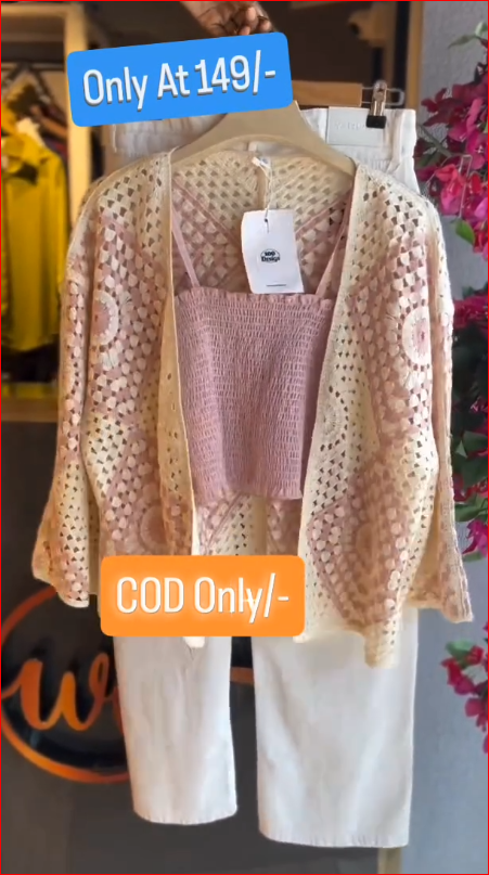 Elegant Crochet Cardigan with Pink Tube Top & White Straight Pants Set
