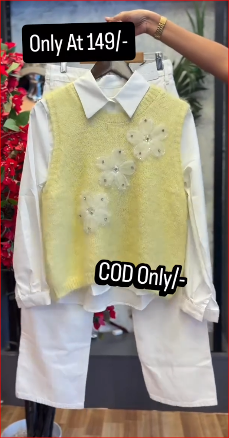 Stylish Floral Knit Sweater Vest with White Shirt & Straight Pants Set