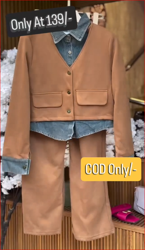 Women’s 3-Piece Casual Co-ord Set with Denim Shirt, V-Neck Jacket & Straight Pants – Camel Brown