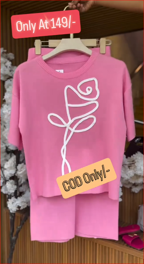 Cute Pink Knit Co-Ord Set with Rose Line Art Top & Skirt