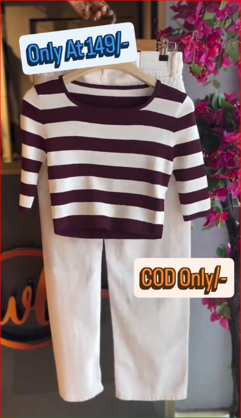 Classic Striped Knit Top with White Straight Pants Co-Ord Set