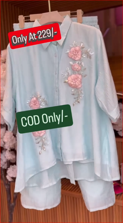 Pastel Blue Floral Embroidered Shirt with Wide-Leg Pants Co-Ord Set