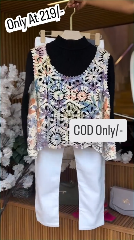 Pastel Crochet Lace Overlay Top with Black Inner & White Straight Pants Set
