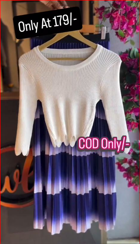 Elegant White Ribbed Top with Blue Ombre Pleated Midi Skirt Set