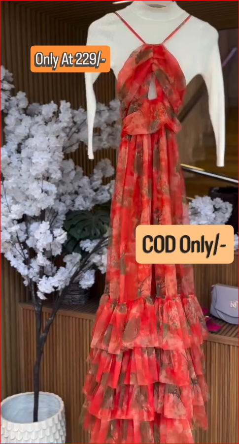 Statement Red Printed Ruffle Maxi Dress with White Ribbed Inner Top