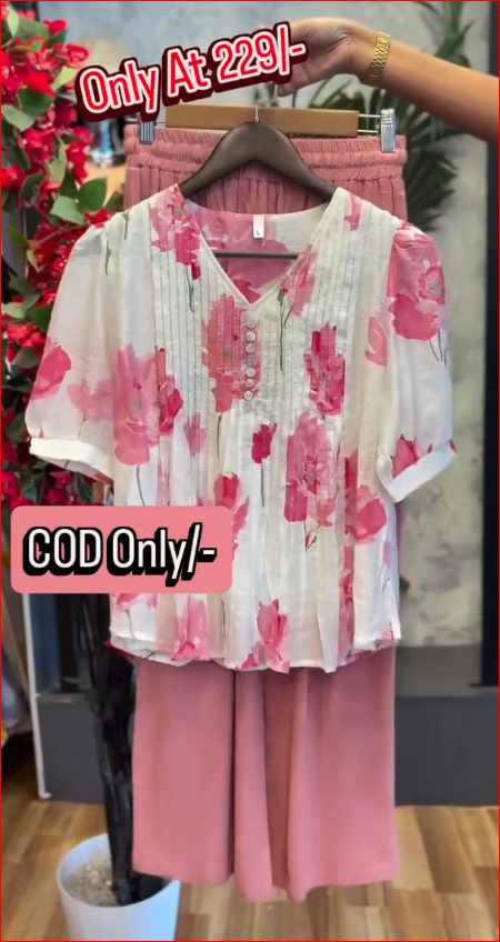 Soft Pink Floral Pintuck Top with Relaxed Wide-Leg Pants Set