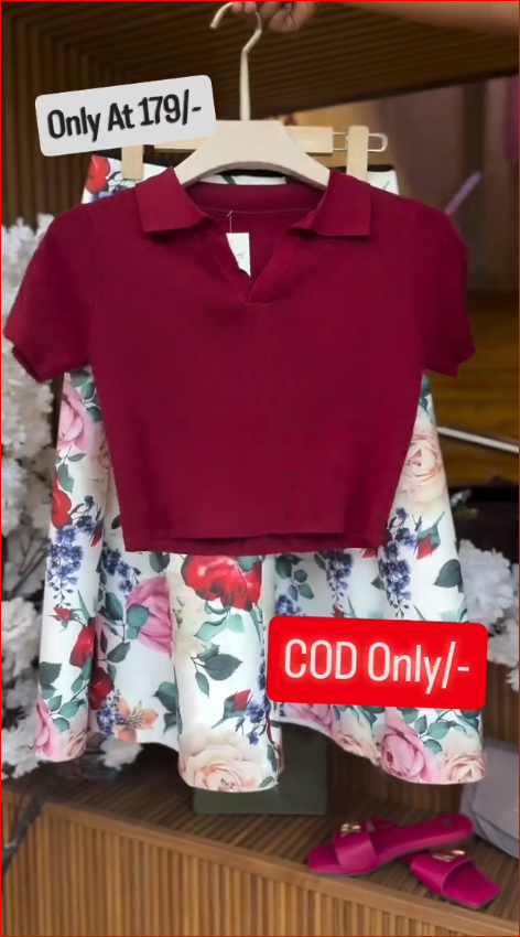 Floral A-Line Midi Skirt with Wine Polo Crop Top Co-Ord Set