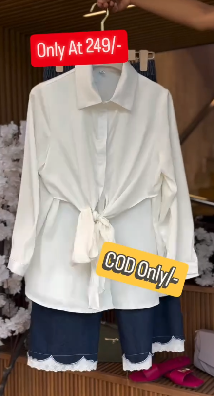 Elegant White Knot Shirt with Denim Culotte Set – Chic Casual Outfit