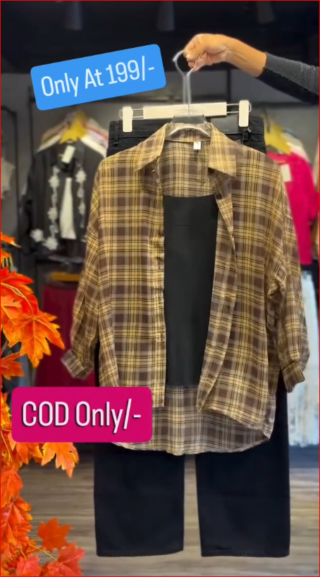 Trendy 3-Piece Casual Set – Plaid Shirt, Inner Top & Black Pants
