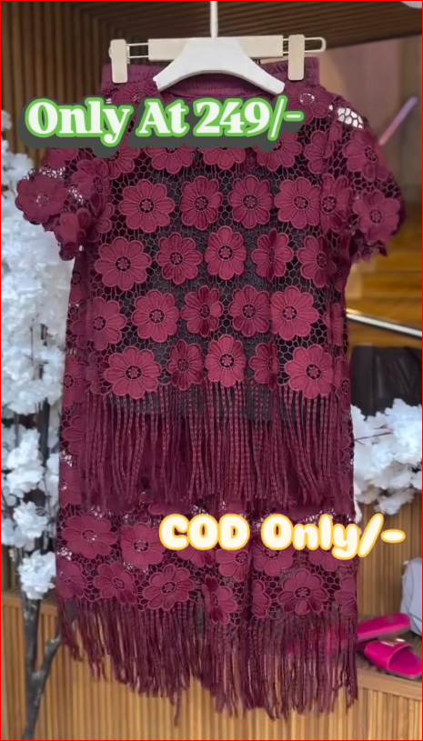 Stylish Maroon Floral Lace Co-Ord Set with Fringe Skirt – Trendy Party Outfit